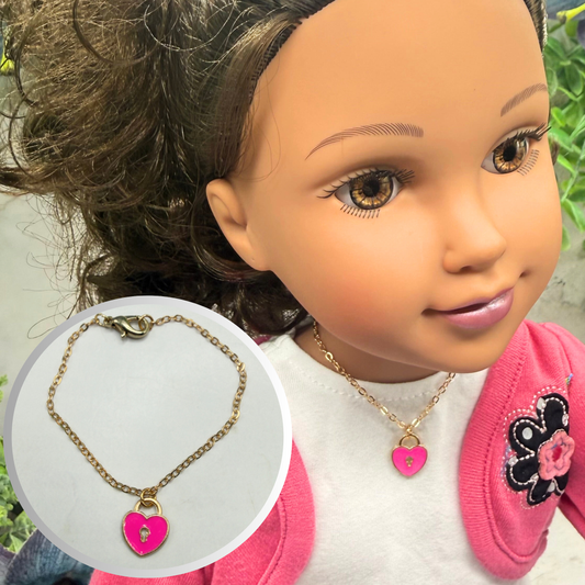 Pink Heart Lock Charm Doll Necklace • 18 Inch Fashion Doll Jewelry
