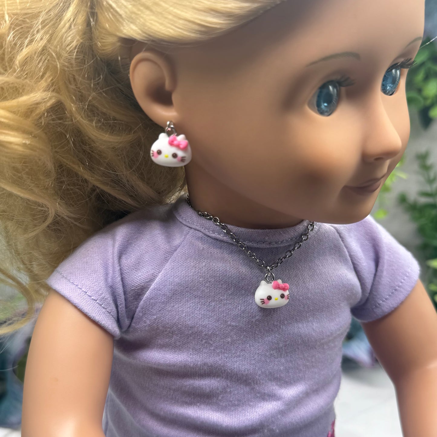 Hello Cat Pink Bow Kitty Charm Doll Necklace and Earrings Set • 18 Inch Fashion Doll Jewelry