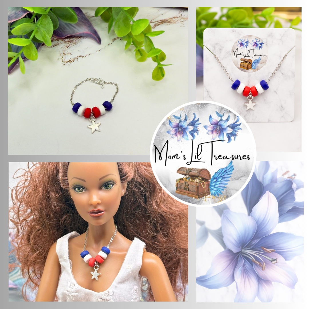Red White Blue Beaded Silver Star Charm Doll Necklace for 16 Inch Fashion Doll