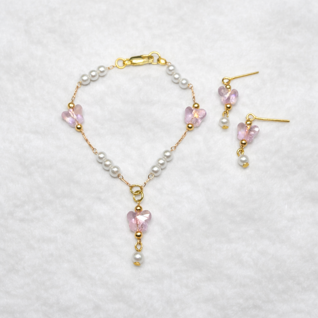 Pink Acrylic Crystal Butterfly & Pearl Gold Doll Necklace & Earrings • 18 Inch Fashion Doll Jewelry
