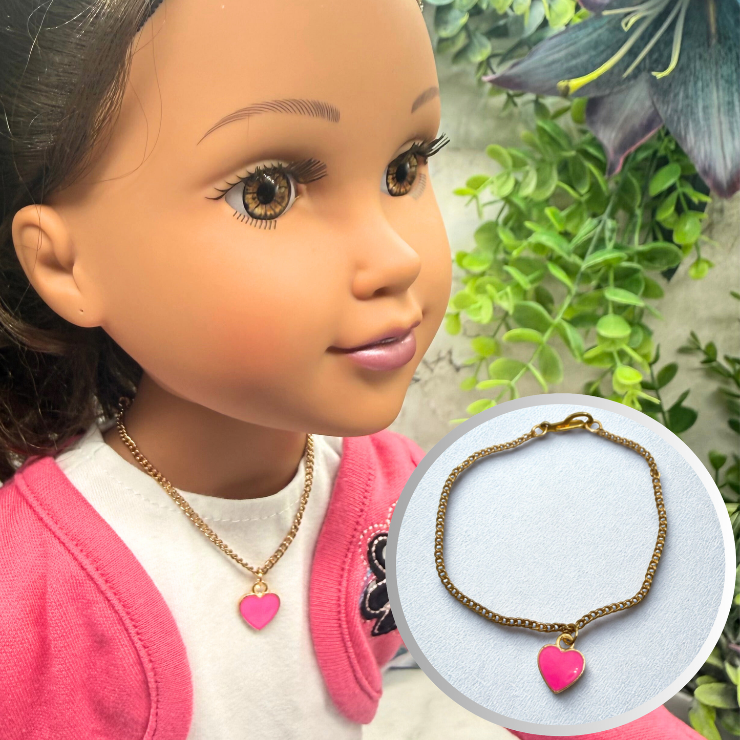 Pink Heart Pendant Gold Chain Doll Necklace • 18 Inch Fashion Doll Jewelry