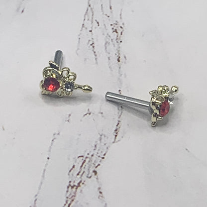 Red Rhinestone Gold Heart Post Doll Earrings 2mm Post • fits 18” American Girl