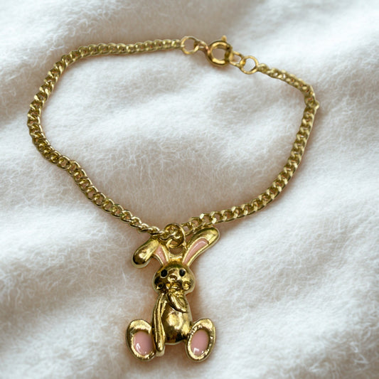 Gold Floppy Ear Bunny Light Pink Enamel Accent Charm Doll Necklace • 18 Inch Fashion Doll Jewelry