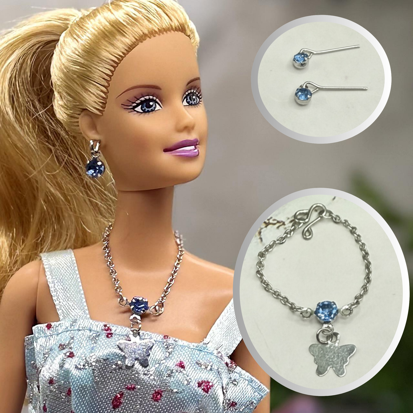 Blue Rhinestone Silver Butterfly Charm Doll Necklace & Earrings for 10-12 Inch Fashion Dolls 1:6