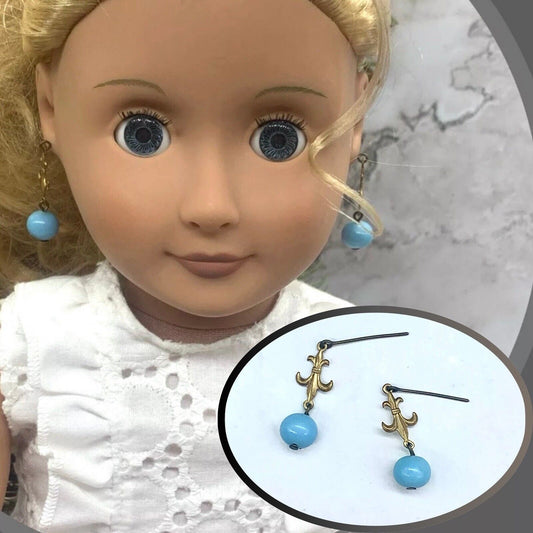 Round Blue Glass & Gold Fleur-de-lis Dangle Doll Earrings • 18” Doll Jewelry