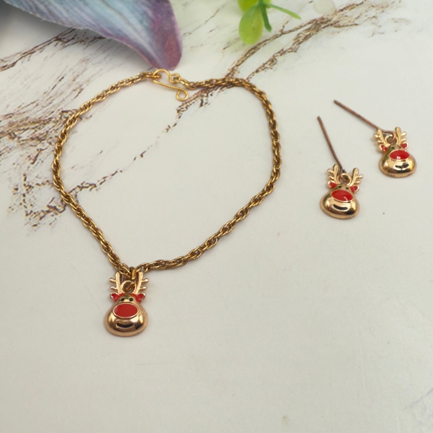 Copper Rose Gold Tone Rudolph Red Nose Reindeer Doll Necklace & Earrings Set • 18 Inch Fashion Doll Jewelry