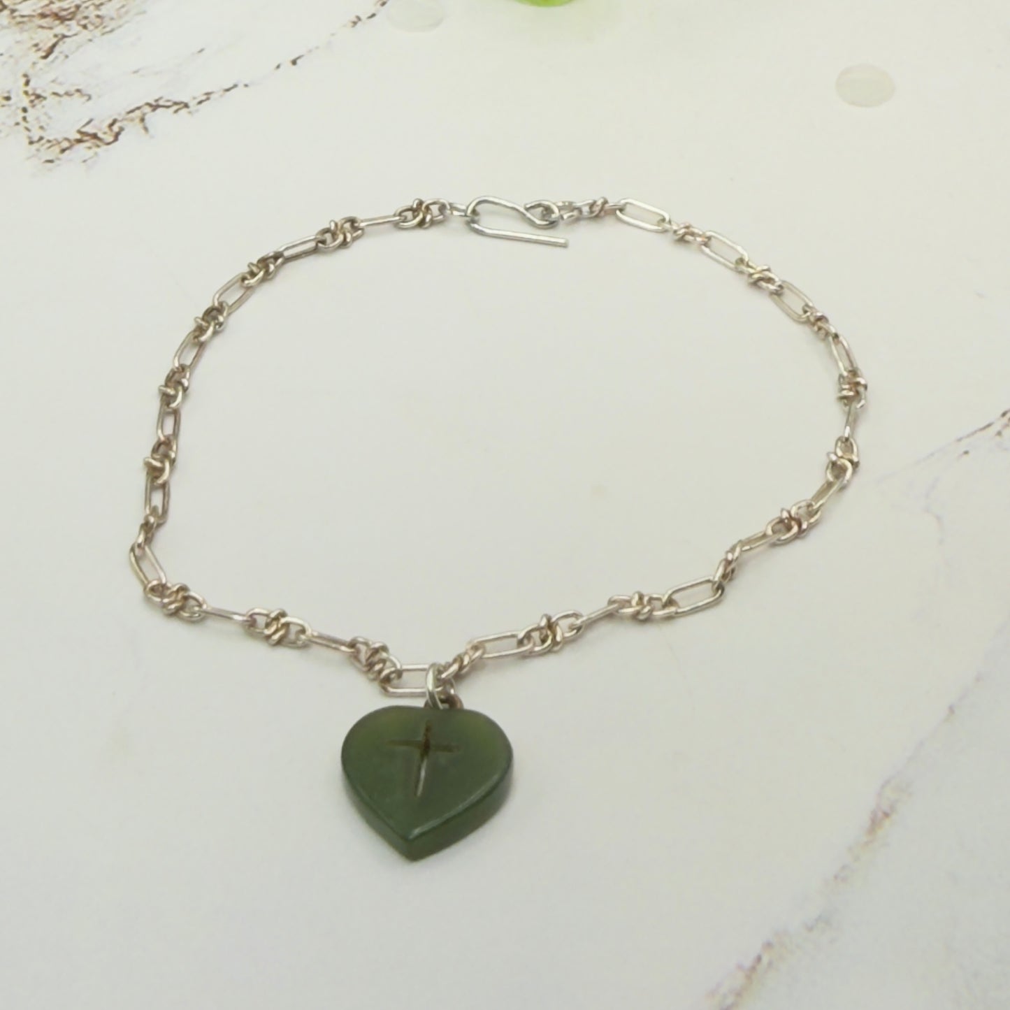 Green Jade Heart Charm with Carved Cross on Silver Chain Doll Necklace • 18 Inch Fashion Doll Jewelry