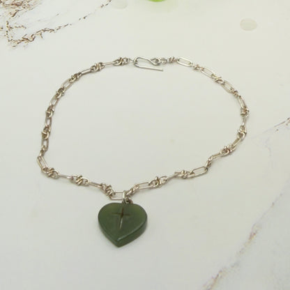 Green Jade Heart Charm with Carved Cross on Silver Chain Doll Necklace • 18 Inch Fashion Doll Jewelry