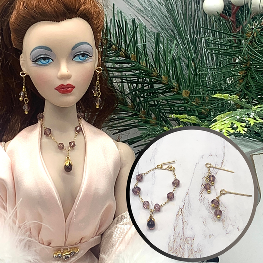 Purple Glass Teardrop Gold Doll Necklace Earrings Set • 16” Fashion Doll Jewelry