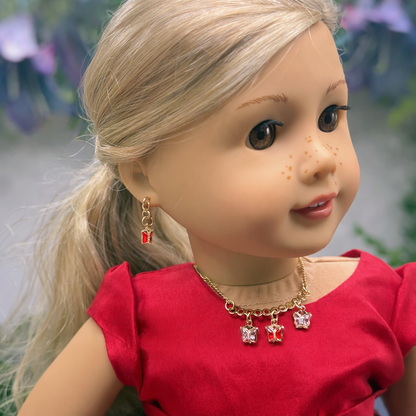Red & Clear Butterfly Crystal Charms Gold Chain Doll Necklace and Earrings • 18 Inch Fashion Doll Jewelry