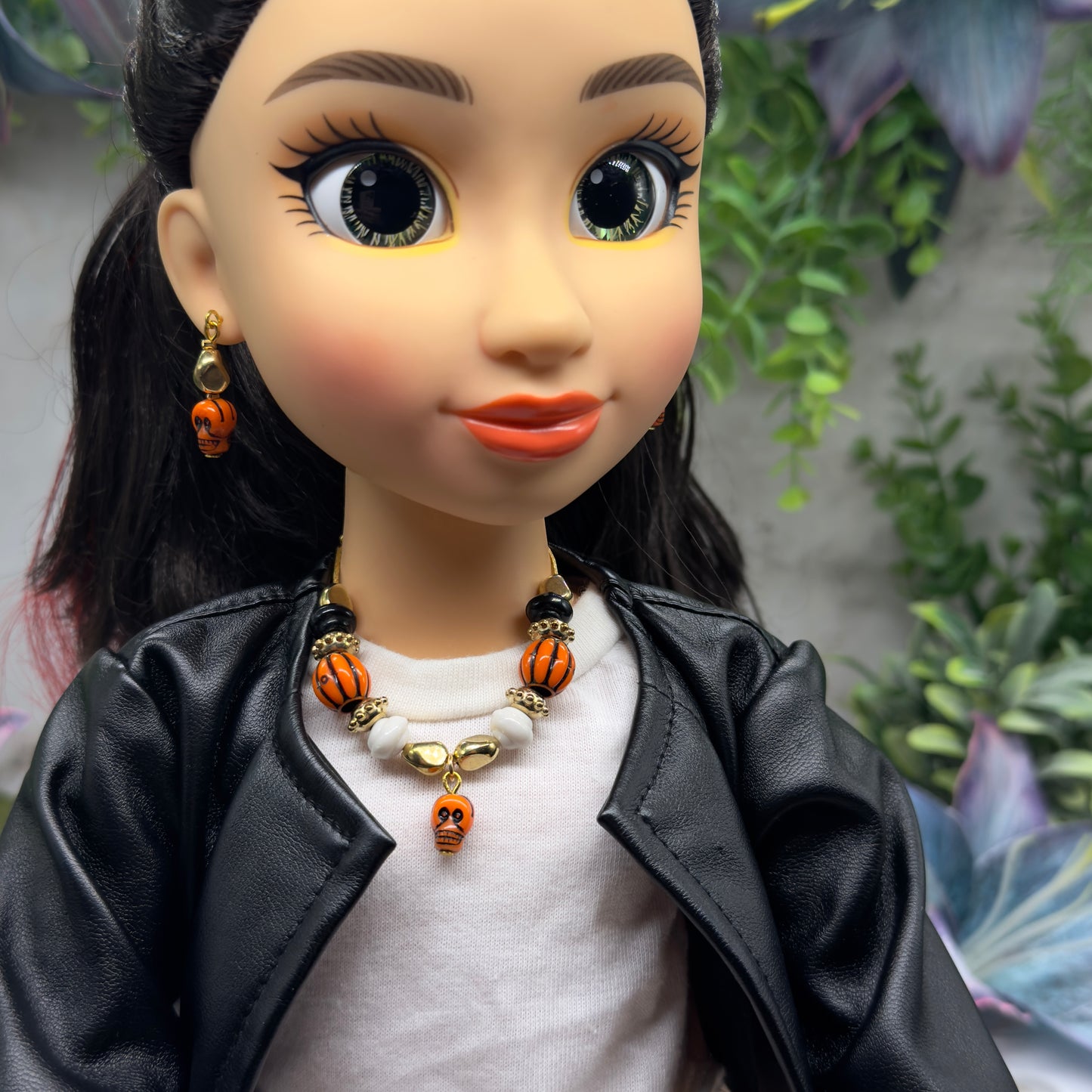 Skull Charm Halloween Acrylic Slide Bead Gold Chain Doll Necklace and Earrings Set • 18 Inch Fashion Doll Jewelry