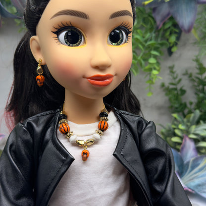 Skull Charm Halloween Acrylic Slide Bead Gold Chain Doll Necklace and Earrings Set • 18 Inch Fashion Doll Jewelry