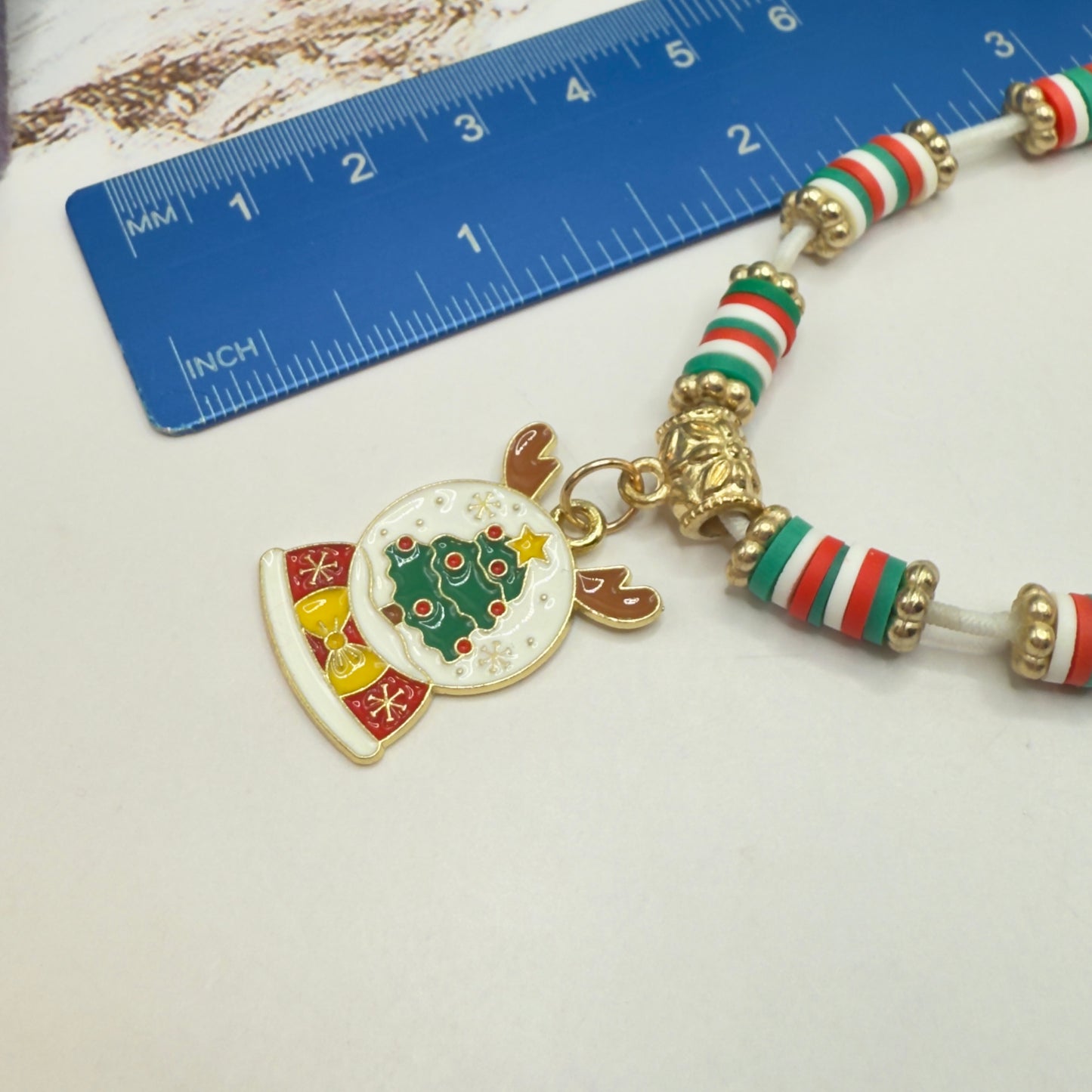 Christmas Snow Globe Charm Acrylic Beaded White Fabric Cord Doll Necklace • 18 Inch Fashion Doll Jewelry