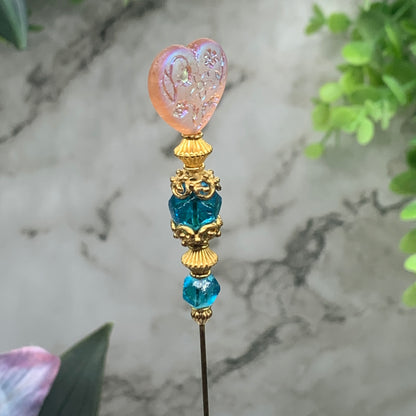 Turquoise Blue Crystal Pink Rainbow & Etched Flower Design Heart 8.25” Hatpin