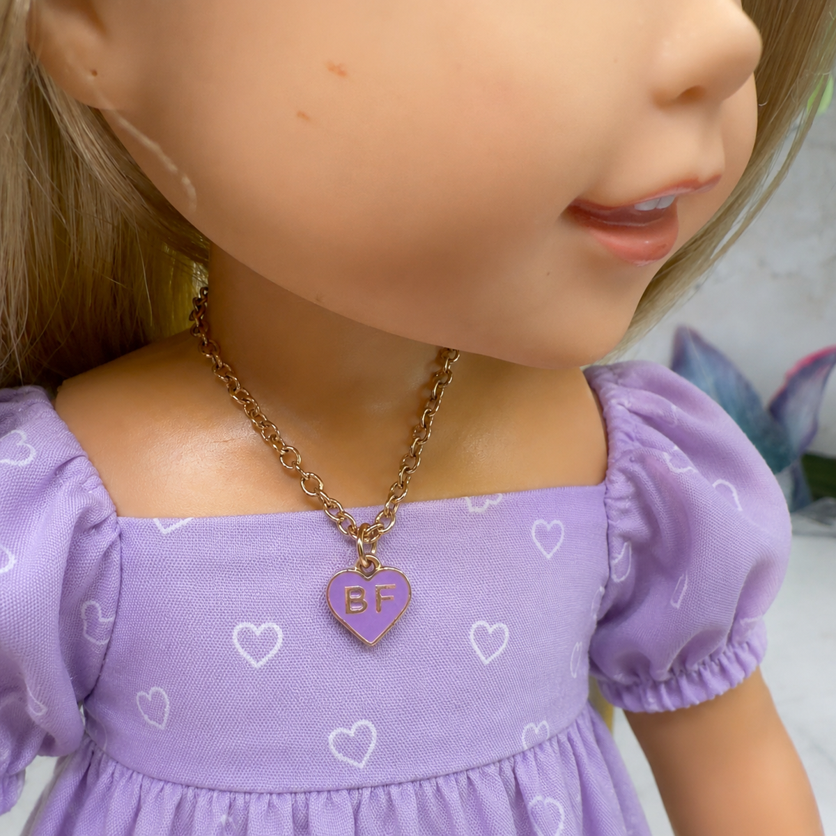 BF Purple Heart Charm Gold Chain Doll Necklace • 14 Inch Doll Jewelry