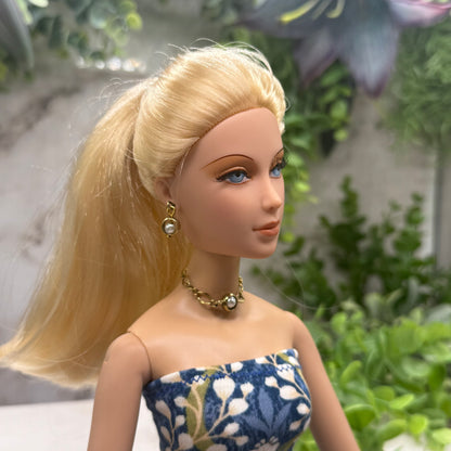 Gold Hoop Circle Pearl Chain Doll Necklace Earring Set • 16 Inch Fashion Doll Jewelry