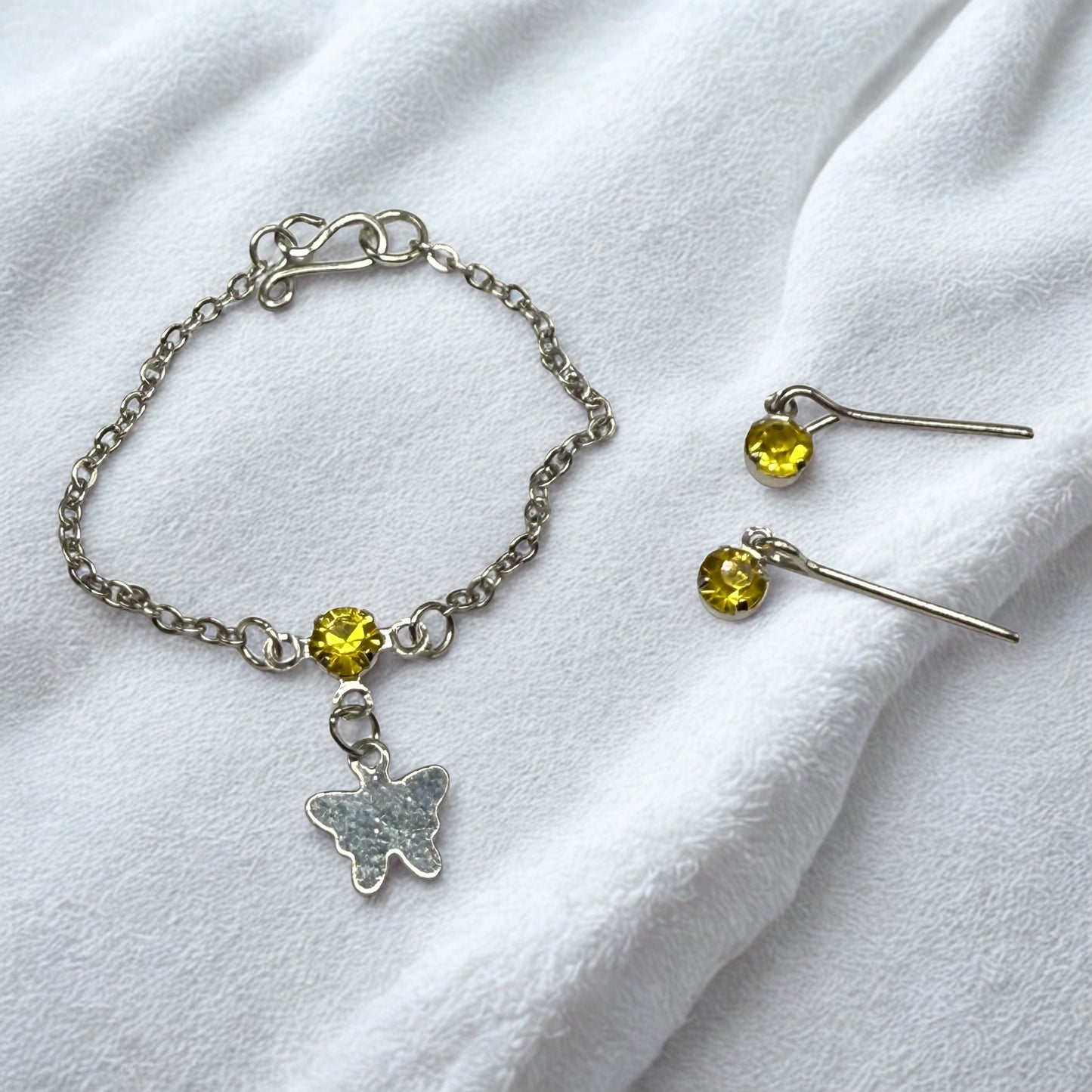 Yellow Rhinestone Silver Butterfly Charm Doll Necklace & Earrings for 16 Inch Fashion Dolls