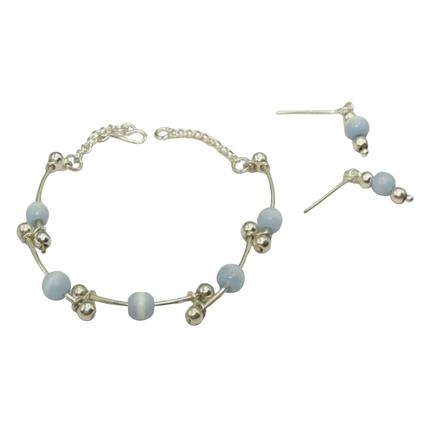Light Blue Cat’s Eye Silver Curved Link Doll Necklace & Earrings Set • 18 Inch Fashion Doll Jewelry