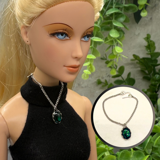 Oval Green Pendant Silver Chain Necklace • 16 inch Fashion Doll Jewelry