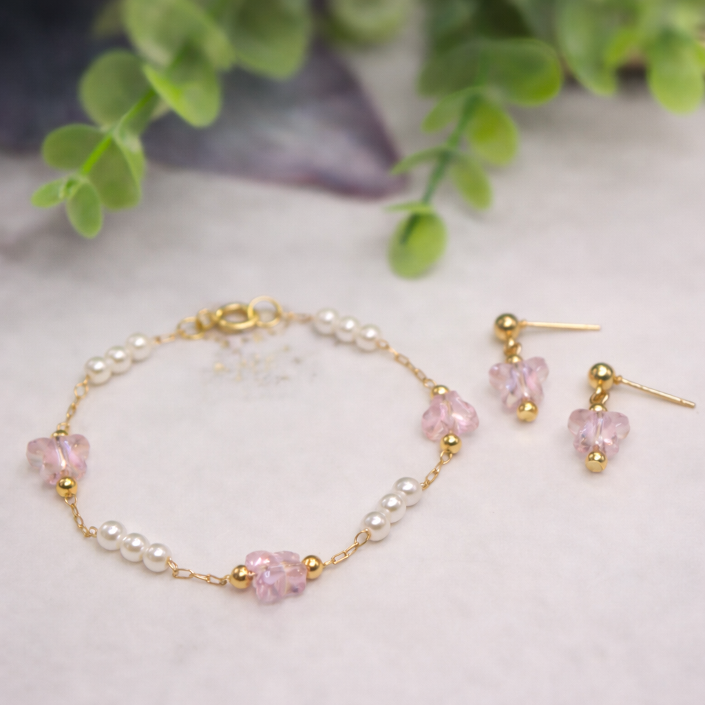 Light Pink Acrylic Crystal & Pearl Beaded Doll Necklace and Earrings Set • 18 Inch Fashion Doll Jewelry