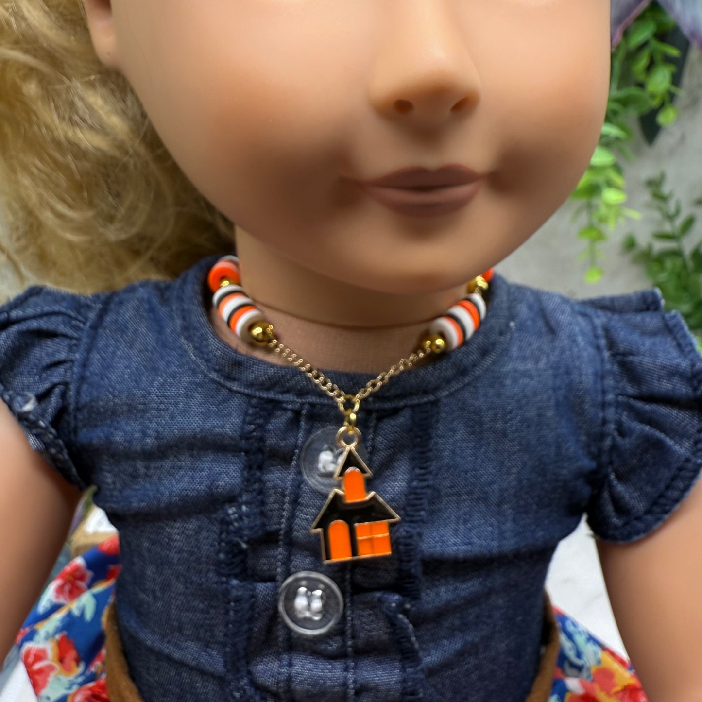 Haunted House Halloween Charm Silicone Disc Beads on Gold Chain Doll Necklace • 18 Inch Fashion Doll Jewelry