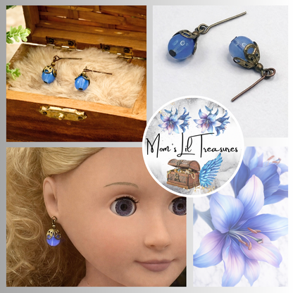 Light Blue Glass Brass Gold Filigree Doll Earrings •18 Inch Fashion Doll Jewelry