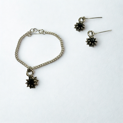 Black Rhinestone Flower Charm Silver Chain Doll Necklace & Earrings Set • 14 Inch Fashion Doll Jewelry