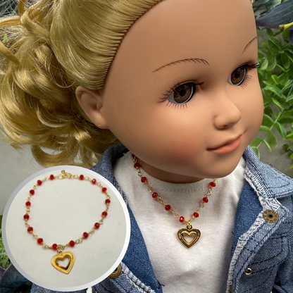 Red Crystal Beaded Link Chain Gold Heart Charm Doll Necklace • 18 Inch Fashion Doll Jewelry
