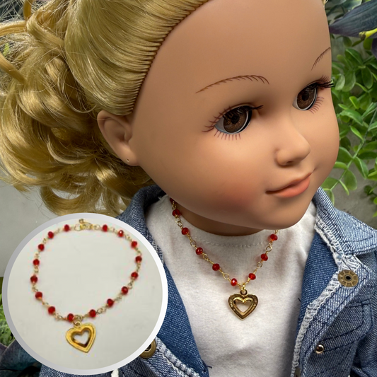 Red Crystal Beaded Link Chain Gold Heart Charm Doll Necklace • 18 Inch Fashion Doll Jewelry
