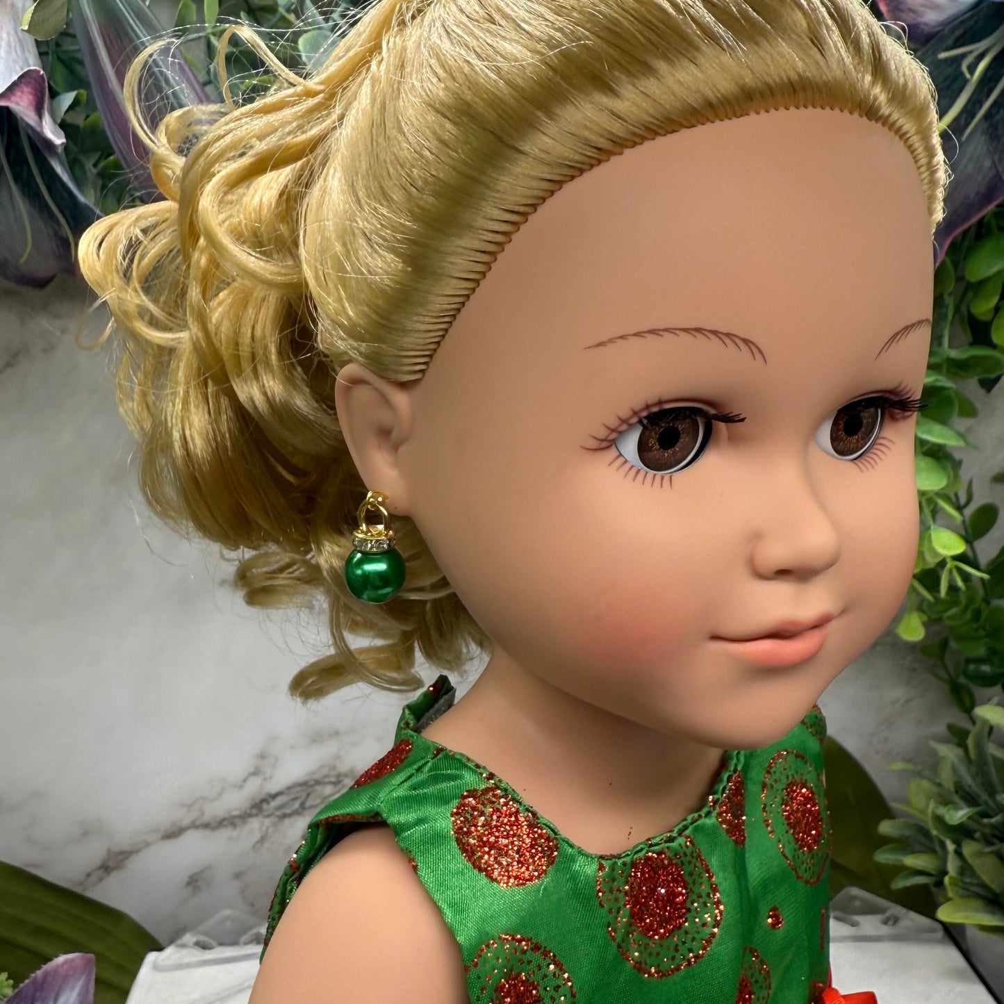 Green Christmas Ornament Charm Dangle Doll Earrings • 18 Inch Fashion Doll Jewelry