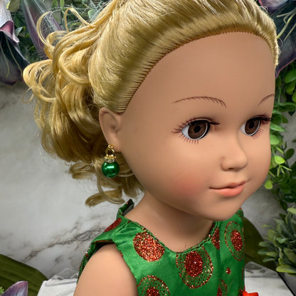 Green Christmas Ornament Charm Dangle Doll Earrings • 18 Inch Fashion Doll Jewelry