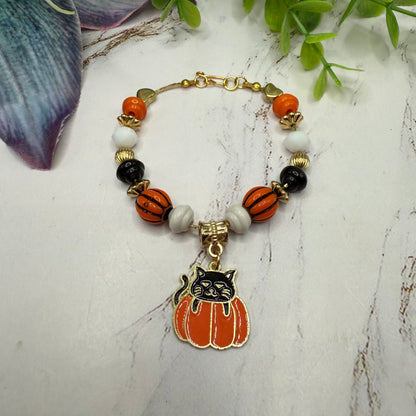 Cat in Pumpkin Charm Halloween Beaded Doll Necklace • 18 Inch Fashion Doll Jewelry