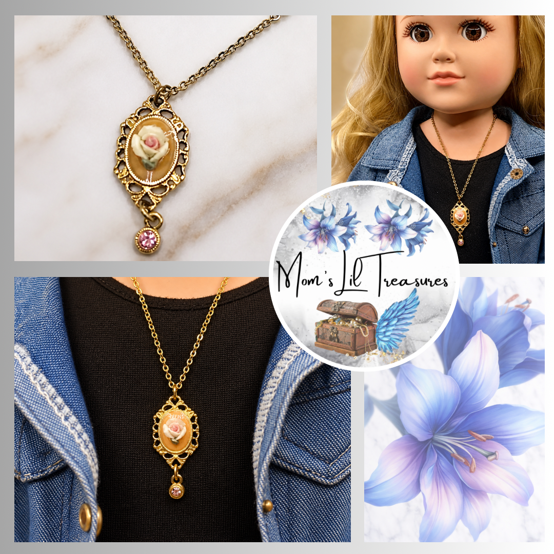 Rose Detail Pink Rhinestone Filigree Pendant Doll Necklace •18 Inch Doll Jewelry