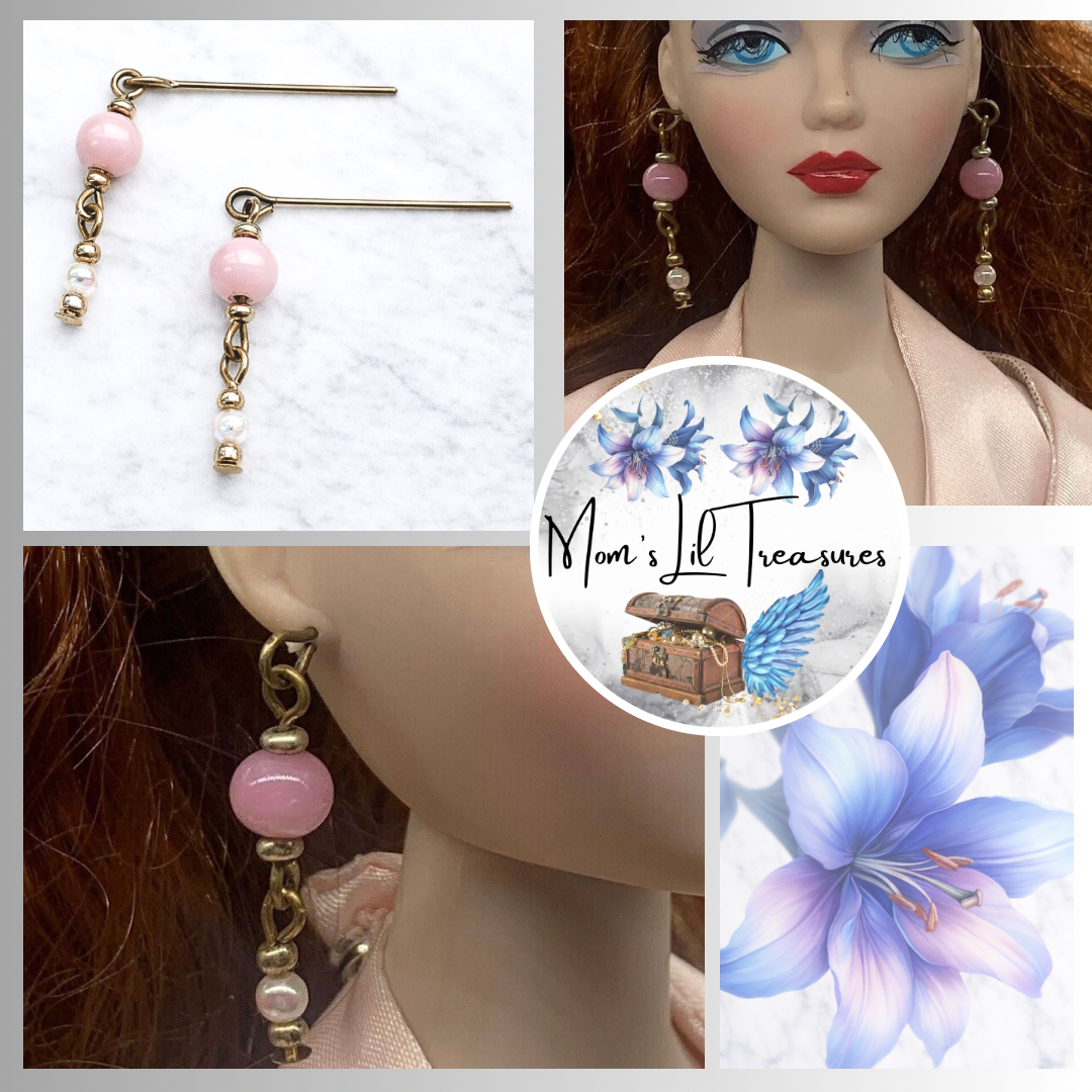 Pink Glass Pearl Gold Dangle Doll Earrings •  16 Inch Fashion Doll Jewelry