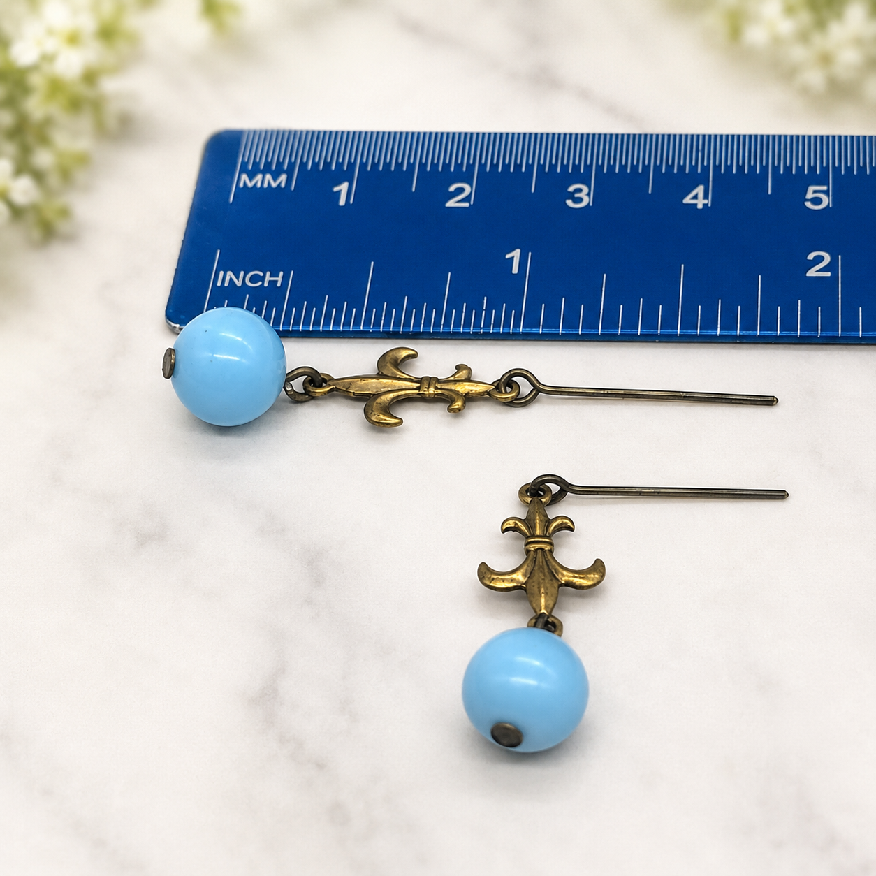 Round Blue Glass & Gold Fleur-de-lis Dangle Doll Earrings • 18” Doll Jewelry