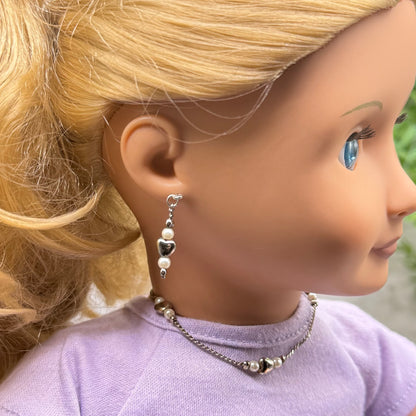 Silver Heart & Pearl Beaded Doll Necklace & Earrings Set • 18 Inch Fashion Doll Jewelry
