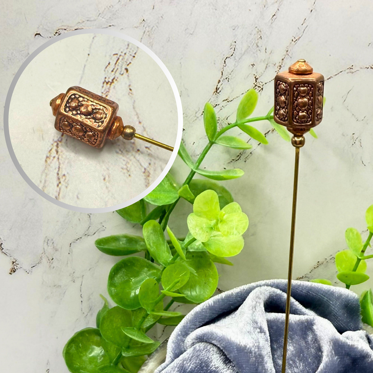 Copper Tone Geometric Filigree Lantern Shape Textured Design  Hatpin - 5.75 Inch