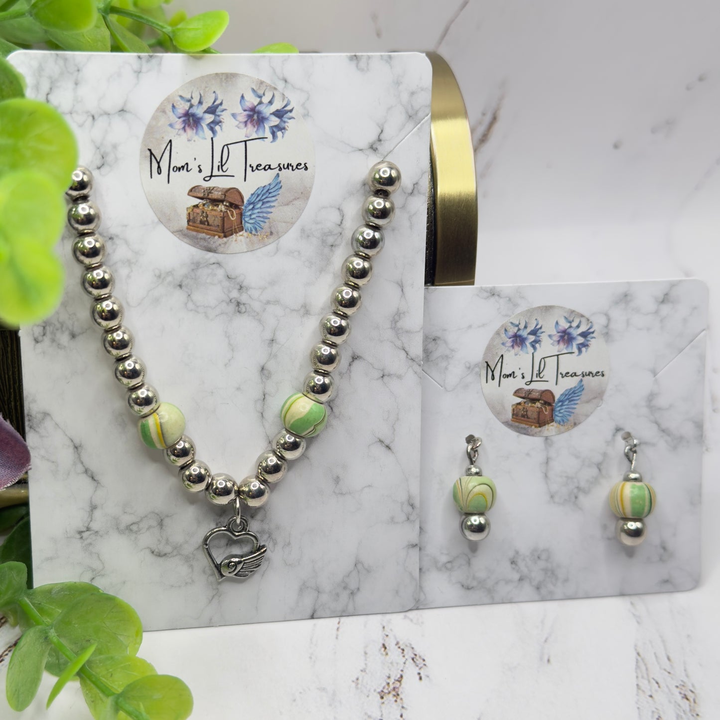 Green Swirl Pattern & Silver Beaded Winged Heart Charm Doll Necklace & Earrings Set • 18 Inch Fashion Doll Jewelry