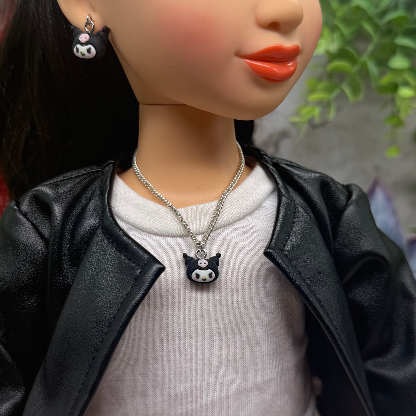 KUROMI Charm Sanrio Doll Necklace & Earrings Set • 18 Inch Fashion Doll Jewelry
