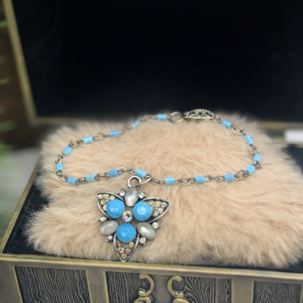 Turquoise Blue Glass Rhinestone Starburst Design Doll Necklace •18” Doll Jewelry