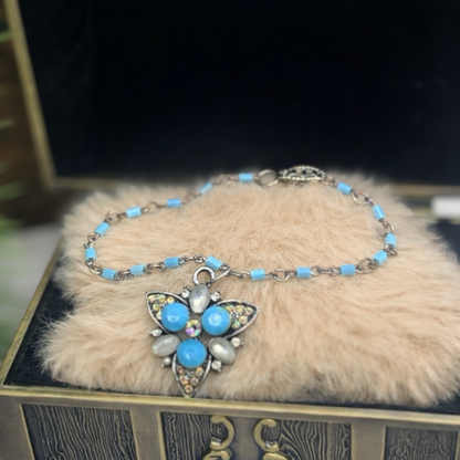 Turquoise Blue Glass Rhinestone Starburst Design Doll Necklace •18” Doll Jewelry