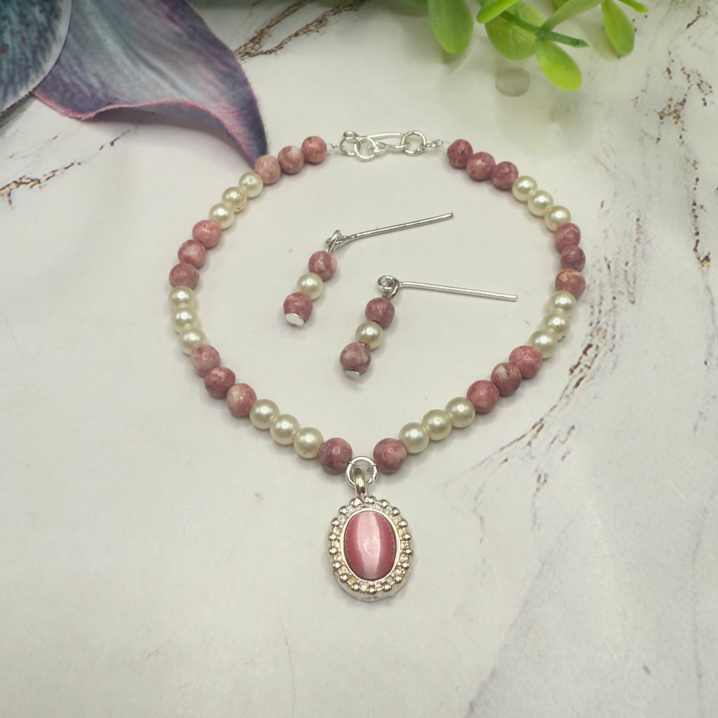 Pink Glass Pearl Oval Pendant Doll Necklace & Earrings • 18 Inch Fashion Doll Jewelry