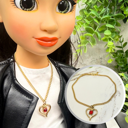 Open Work Gold Heart Red Rhinestone Pendant Doll Necklace • 18 Inch Fashion Doll Jewelry