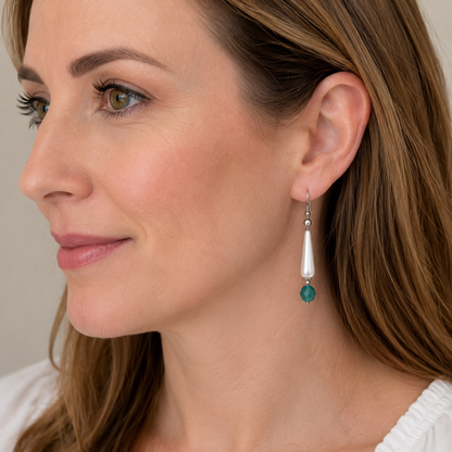 Elongated Teardrop Pearl & Green Glass Crystal Dangle Earrings • Handmade