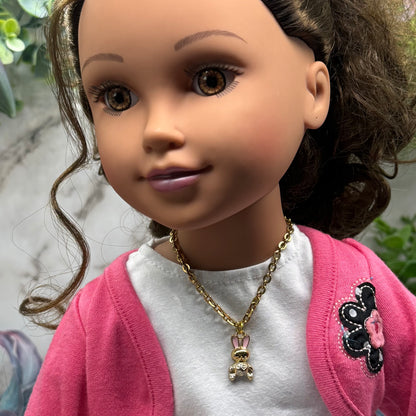 Bunny Pink & White Enamel Detail Charm Doll Necklace - Easter • 18 Inch Fashion Doll Jewelry