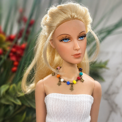 Multi Color Glass Bead Dangle Flower Charm Doll Necklace • 16 Inch Doll Jewelry