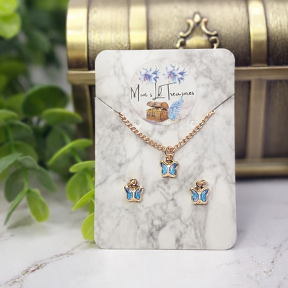 Blue Crystal Butterfly Charm Gold Chain Doll Necklace & Earrings • 10-12 Inch Fashion Doll Jewelry 1:6