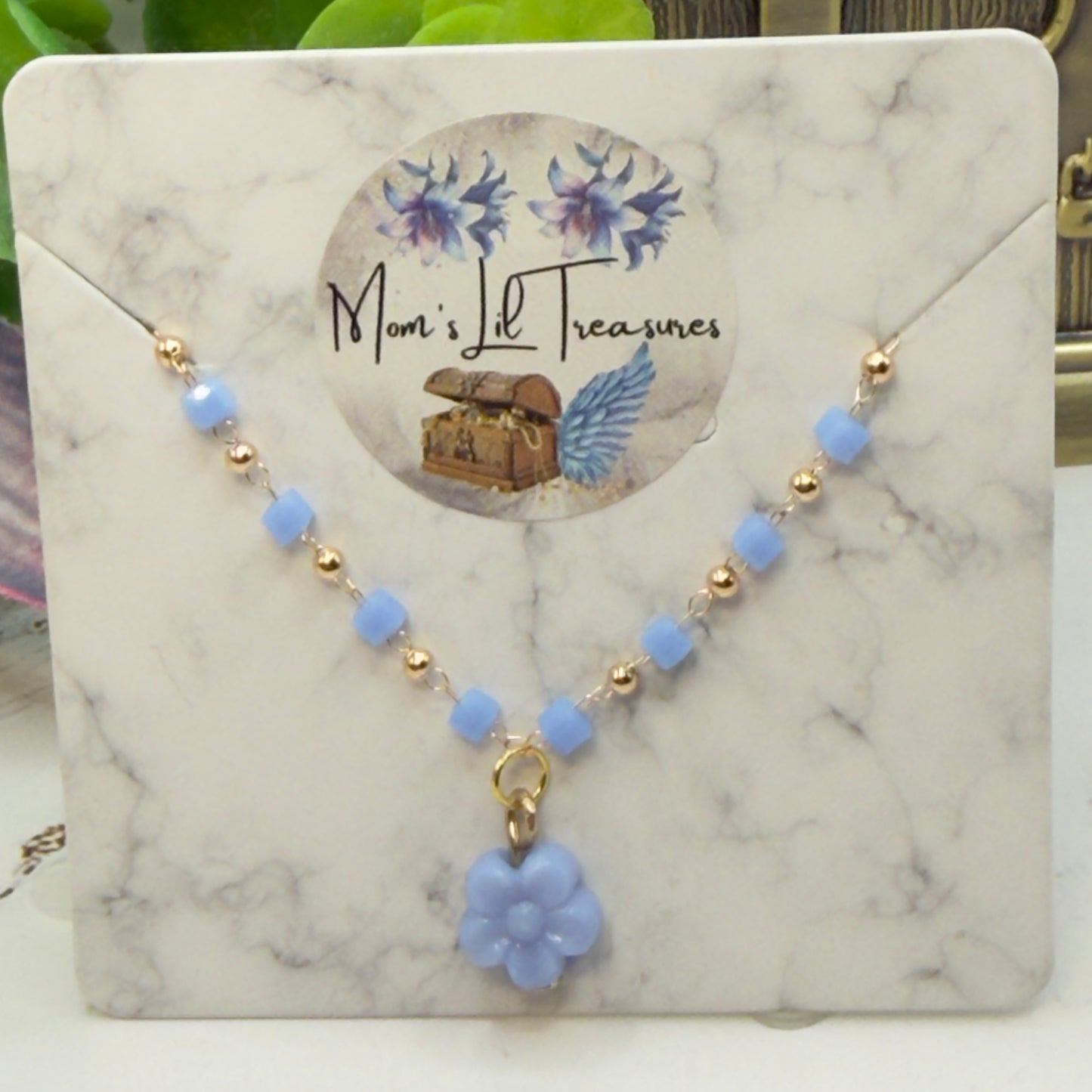 Blue Flower Charm Blue Square & Gold Beaded Doll Necklace • 14 Inch Fashion Doll Jewelry