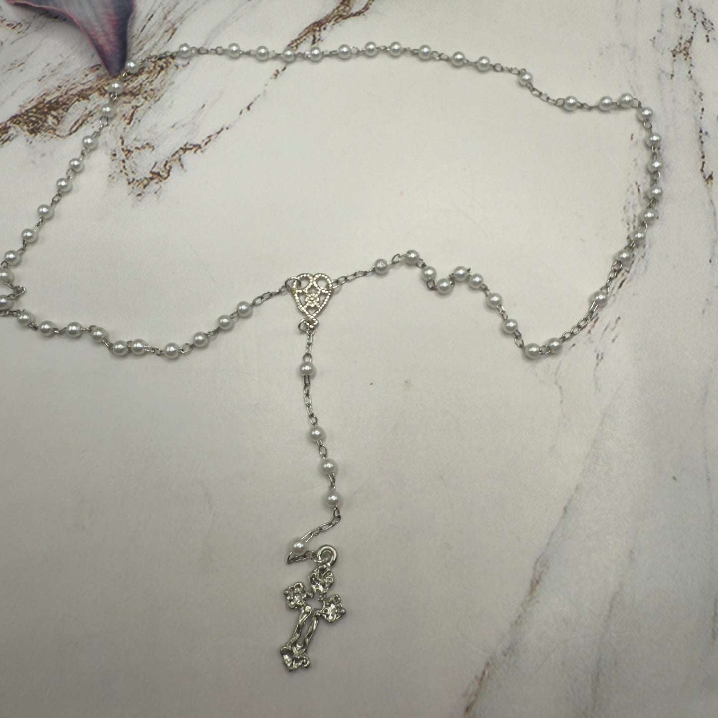 Pearl Beaded Silver Cross • Doll Size Catholic Rosary for 18-22” Fashion or Vintage Dolls