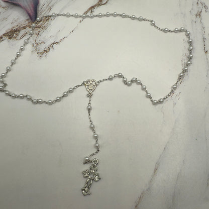 Pearl Beaded Silver Cross • Doll Size Catholic Rosary for 18-22” Fashion or Vintage Dolls